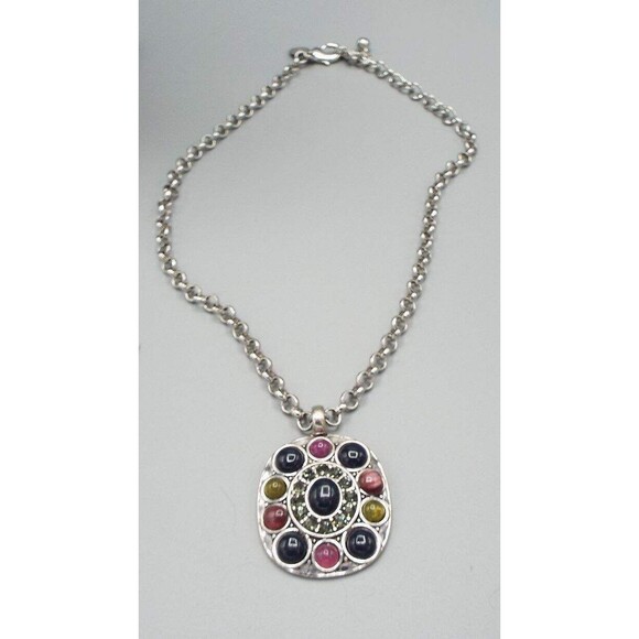Chico's Emilee Reversible Silver Tone Glass Crystal Tribal Pendant Necklace 20" - Picture 1 of 9